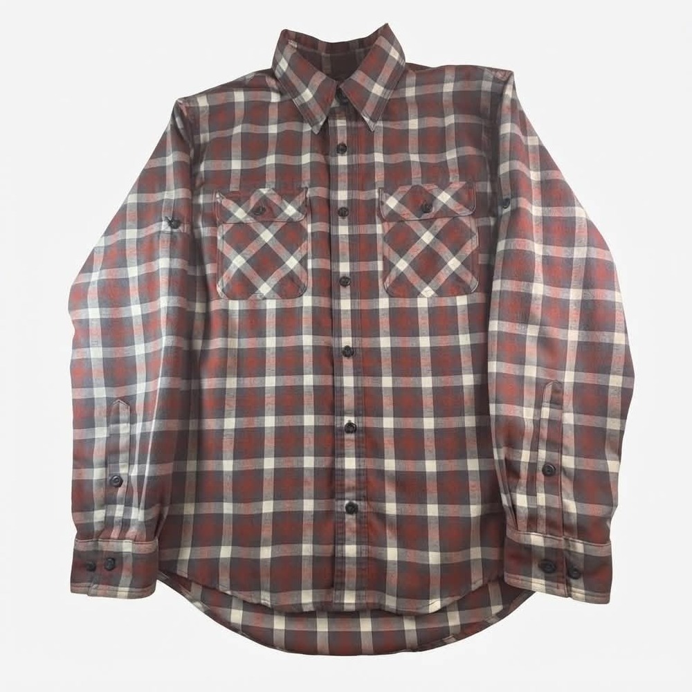Woolrich Flannel Shirt Mens Medium Red Gray Cream Plaid Roll Tab Long Sleeve Out